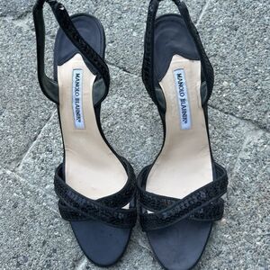 Manolo Blahnik black strappy sparkle heels.